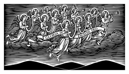 Fototapeta premium Heavenly Angel Choir Singing Gloria In Excelsis Deo With Musical Instruments In Vintage Woodcut Style