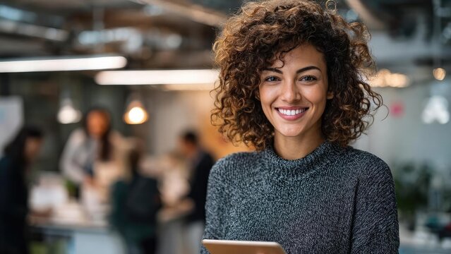 Smiling woman with curly hair in a gray sweater holding a phone in a busy, modern office. Concept Busy modern office environment, Smiling woman with curly hair, Gray sweater casual officewear - Powered by Adobe