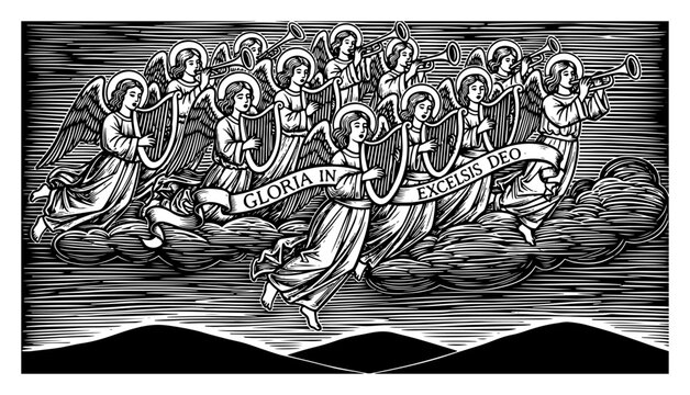 Heavenly Angel Choir Singing Gloria In Excelsis Deo With Musical Instruments In Vintage Woodcut Style
