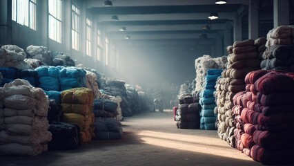 Inside a large warehouse, colorful fabric bales are stacked along aisles as sunlight streams through dusty air. Concept Industrial textile warehouse, Colorful fabric bales, Sunlit dusty air