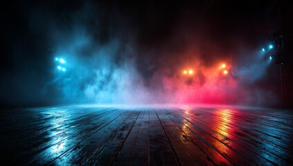 Illuminated Stage with a Play of Blue and Red Lights Creating an Atmospheric and Dramatic Ambience for Performances
