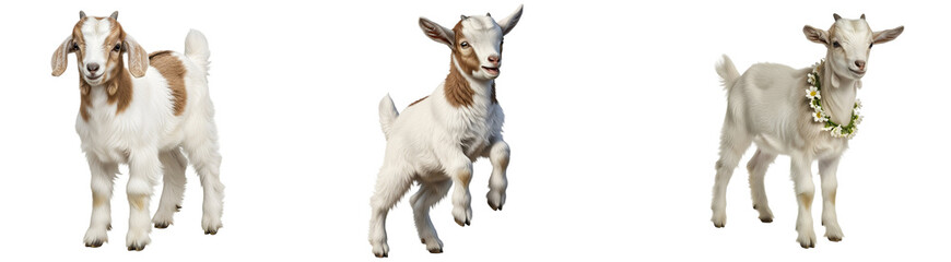 Obraz premium Three goats in different poses, one wearing a flower garland, all on a plain colored surface area on transparent background