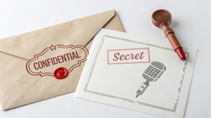 Confidential envelope with secret message next to microphone sketch