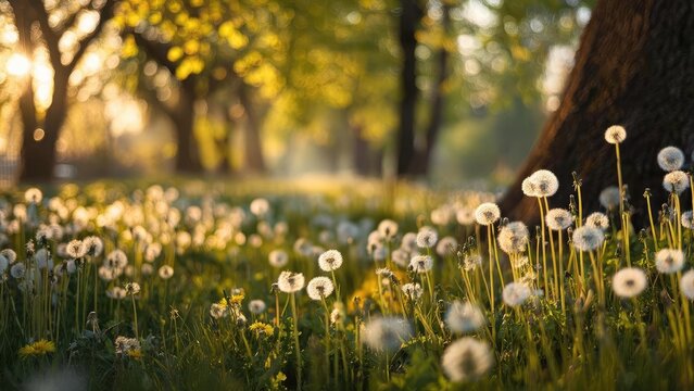 Sunlit park field full of dandelions with fluffy seed heads glowing in golden hour light. Concept Dandelion Field, Golden Hour Glow, Sunlit Park, Fluffy Seed Heads, Whimsical Nature Portraits - Powered by Adobe