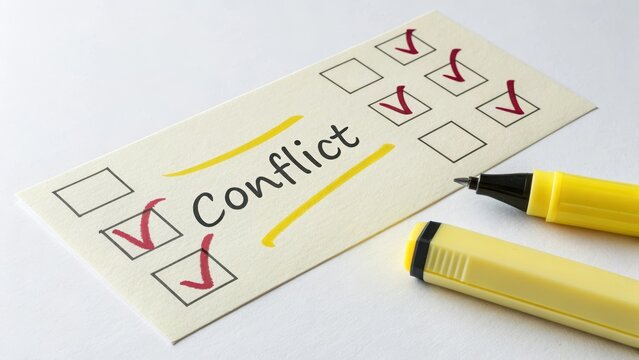 Conflict and Checklist on a Paper Card with Yellow Marker