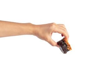 Toffee cake, a close up of homemade caramel nut chocolate cake bakery isolated on transparent background.