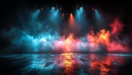 Dramatic Stage with Blue and Red Lighting Reflecting on the Wet Wooden Floor Creating a Dynamic Ambiance