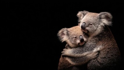 Two koalas hugging each other against a black background. Concept Koalas Hugging, Black Background, Cute Duo, Furry Portrait, Wildlife Moment