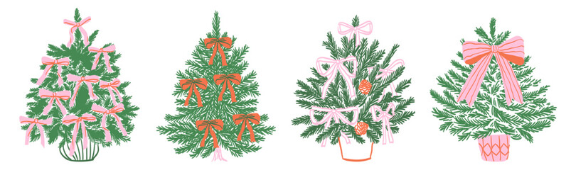 Fototapeta na wymiar Christmas Tree decorated with whimsical bow and ribbons on pink background. Vintage Line art sketch style xmas winter fir tree sketch drawing for christmas fair or market invitation, placard or poster