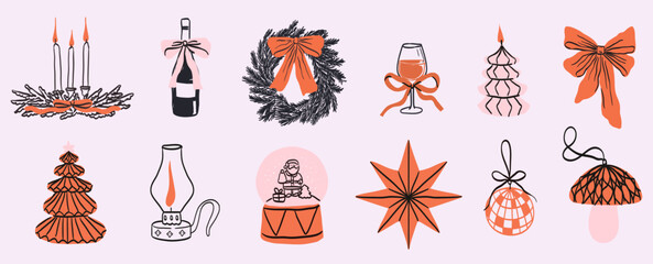 Retro vintage new year and christmas icons. Doodle sketch drawings in line elegant style for winter holidays party celebration perfect for posters and invitation cards. Hand drawn ink elements.