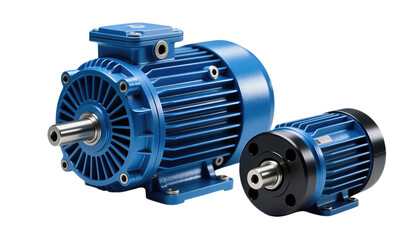 Blue industrial electric motors with metallic shafts isolated