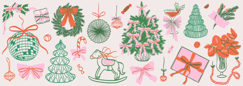Retro whimsical vintage new year home decor set in doodle line art print style. Christmas whimsy paper decoration with bow and ribbons. Hand drawn ink winter holiday party invitation card elements.