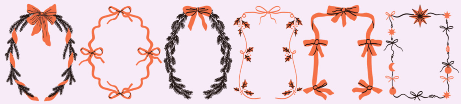 Christmas decoration frames with fir tree branches, bow and ribbons in vintage doodle style for poster, placards and party invitations. New Year celebration border or card cover designs for greetings.