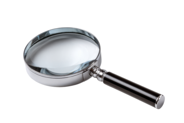 Magnifying glass with silver rim and black handle on black background lens optical