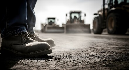 Rugged work boots ready for action on construction site with heavy equipment for infrastructure projects