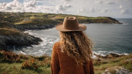 A person with long curly hair wearing a brown hat and rust-colored sweater stands on a cliff overlooking the ocean. Concept Cliffside ocean portrait, Long curly hair, Brown hat, Rust-colored sweater