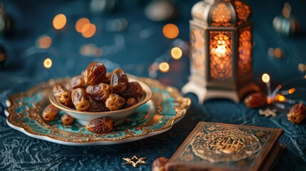 Ramadan Celebration Featuring Dates, Lanterns, and a Decorative Holy Book Against a Dark Blue Textured Background
