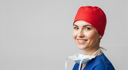 Smiling female nurse wearing red cap and mask in healthcare setting