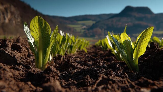 Young lettuce seedlings emerge from rich soil in a field, with distant hills in the background. Concept Fresh lettuce seedlings in rich soil across a field, Distant hills creating a scenic backdrop
