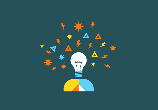 Bright idea concept with geometric shapes and energy symbols on dark background