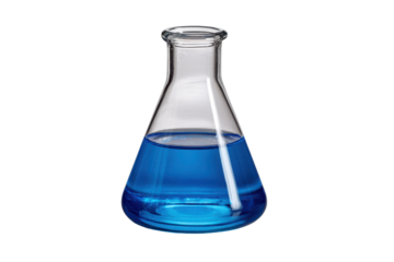 Glass flask with bright blue liquid on black background chemical