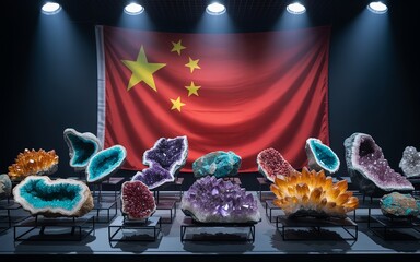 Chinese Flag with Rare Earth and Precious Mineral Specimens – Amethyst, Neodymium, Dysprosium, Yttrium, Lanthanum, Cerium Geodes and Crystals Display