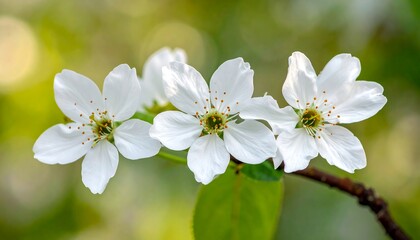 Obraz premium Delicate white flowers clustered on a branch, soft green bokeh background