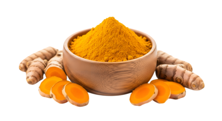 Vibrant turmeric powder and roots in a wooden bowl on black background