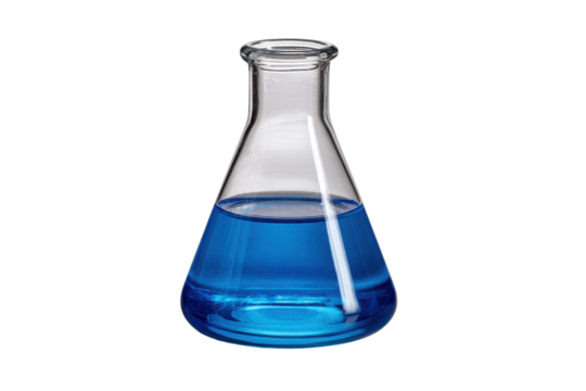 Glass flask with bright blue liquid on black background chemical
