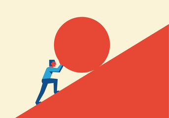 Obraz premium Businessman pushing large red sphere uphill in minimalist style