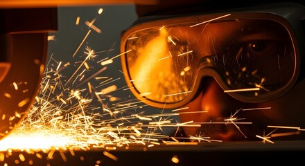 Intense sparks fly as welder works with safety goggles in a workshop environment for industrial manufacturing