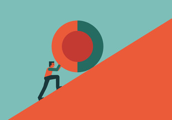 Businessman pushing giant target uphill in minimalist style