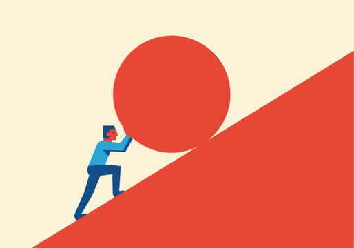 Businessman pushing large red sphere uphill in minimalist style