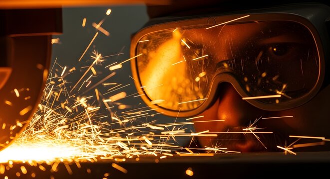 Intense sparks fly as welder works with safety goggles in a workshop environment for industrial manufacturing