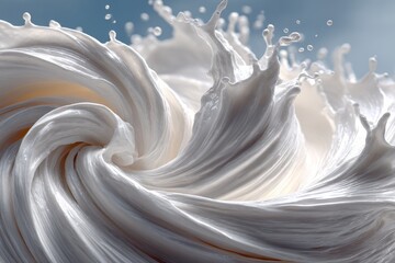 Dynamic Milk Splash A Symphony of White Liquid Sculpture Against Soft Blue A Captivating Display of Motion