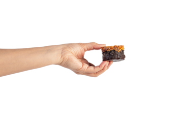 Toffee cake, a close up of homemade caramel nut chocolate cake bakery isolated on transparent background.