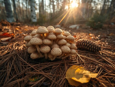 Cluster of spotted brown mushrooms growing among pine needles with a pinecone and sun flare