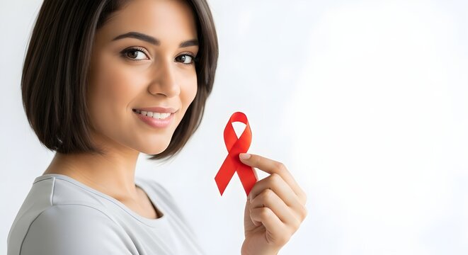 Smiling woman holding red ribbon promoting AIDS awareness and supporting global health initiatives