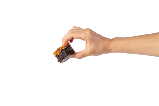 Toffee cake, a close up of homemade caramel nut chocolate cake bakery isolated on transparent background. - Powered by Adobe