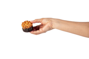 Toffee cake, a close up of homemade caramel nut chocolate cake bakery isolated on transparent...