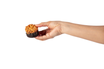 Toffee cake, a close up of homemade caramel nut chocolate cake bakery isolated on transparent background.