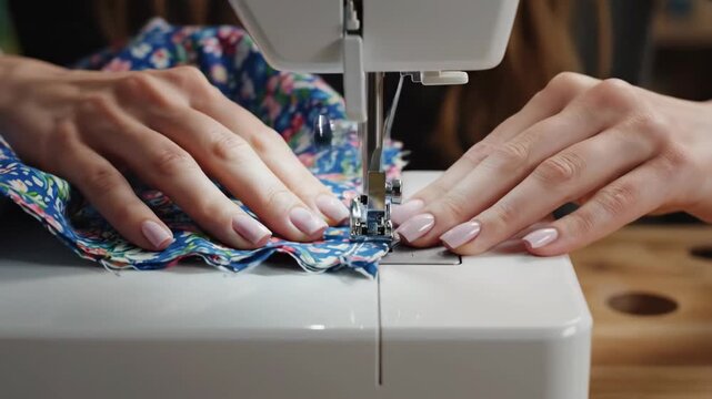 Close up of hands operating modern sewing machine to stitch patterned fabric