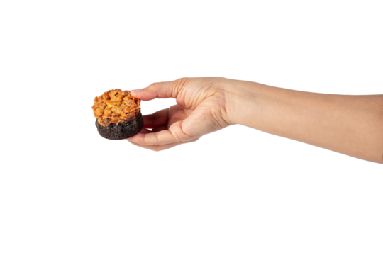 Toffee cake, a close up of homemade caramel nut chocolate cake bakery isolated on transparent background.