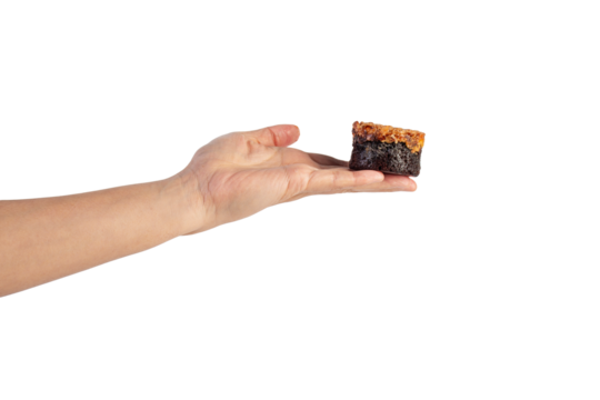 Toffee cake, a close up of homemade caramel nut chocolate cake bakery isolated on transparent background.