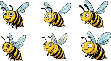 Cartoon bees vector illustration, cheerful insect characters, playful expressions, flying poses, kids content, nature clipart, fun, joy, whimsical bugs, educational theme