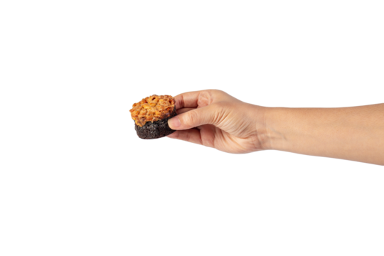 Toffee cake, a close up of homemade caramel nut chocolate cake bakery isolated on transparent background.