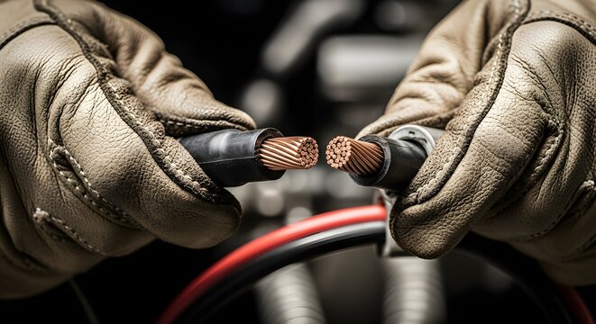 Electrician skillfully prepping copper wires with gloved hands for a secure, reliable connection indoors