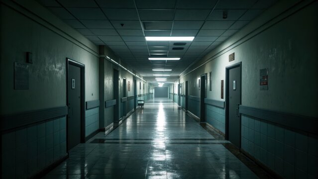 Dark hospital corridor with emergency lights creating an eerie ambiance