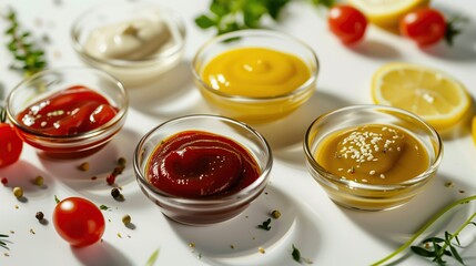 Close-up of colorful sauces in glass bowls surrounded by cherry tomatoes, lemon slices, herbs, and peppercorns, perfect for cooking and recipe inspiration.