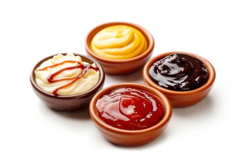 Close-up view of four colorful sauces in small ceramic bowls, showcasing varied textures and flavors for cooking, dipping, and recipe inspiration.